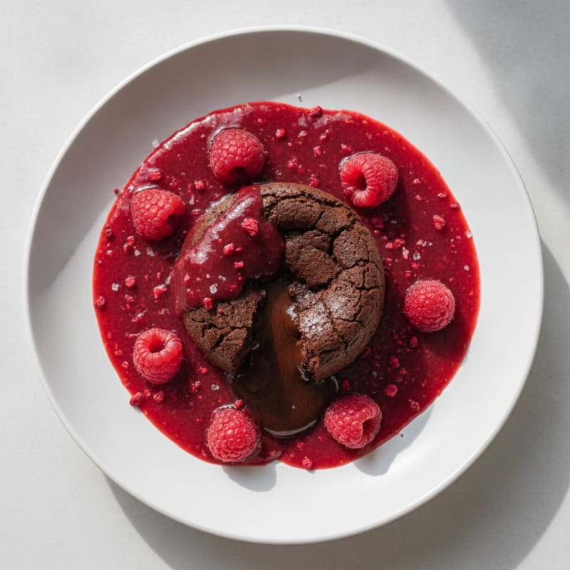 High-Protein Chocolate Lava Cake with Raspberry Coulis