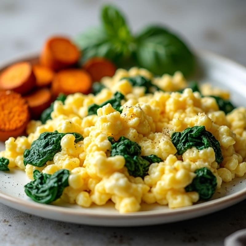 Fluffy Scrambled Eggs with Spinach and Roasted Sweet Potatoes