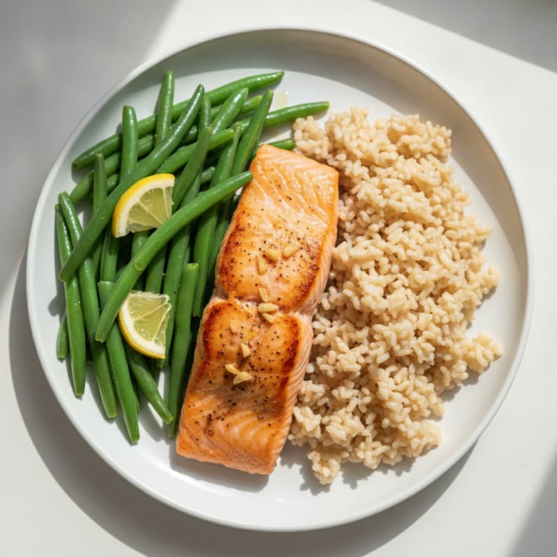 Seared Salmon Fillet with Steamed Green Beans and Brown Rice
