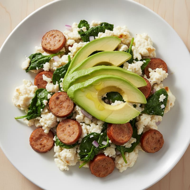 Egg White Scramble with Chicken Sausage and Spinach