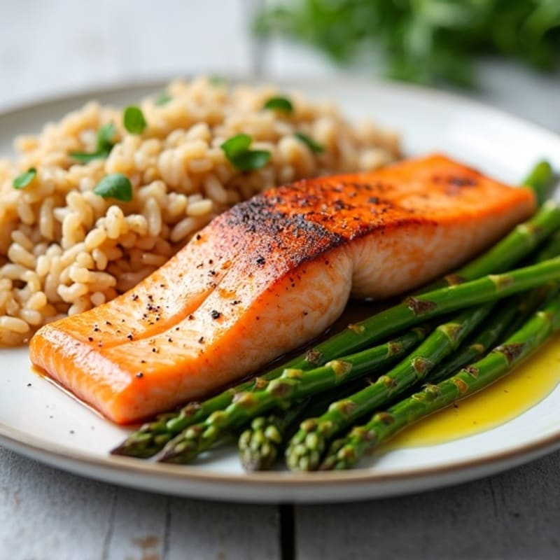 Seared Salmon with Steamed Asparagus and Brown Rice