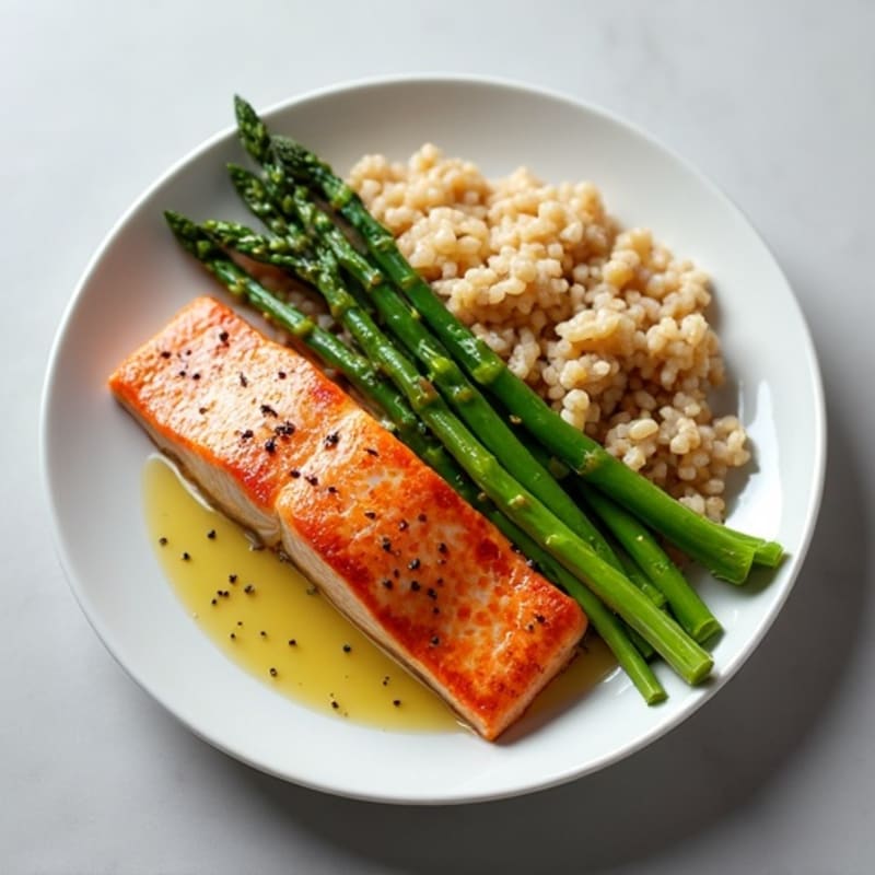 Seared Salmon Fillet with Steamed Asparagus and Brown Rice