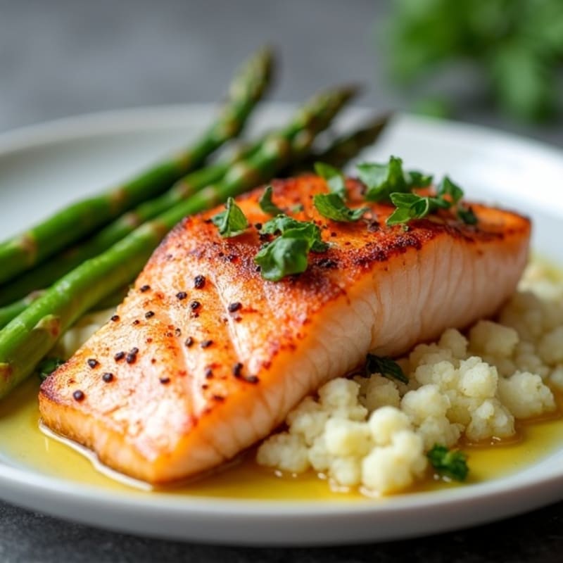 Seared Salmon with Roasted Asparagus and Garlic Mashed Cauliflower