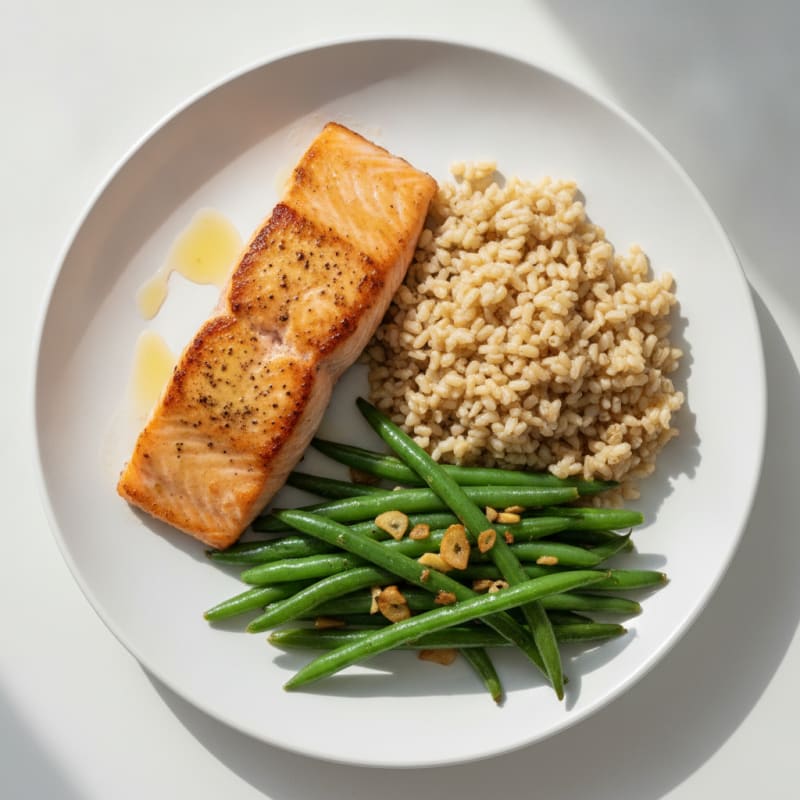 Seared Salmon with Garlic Green Beans and Brown Rice