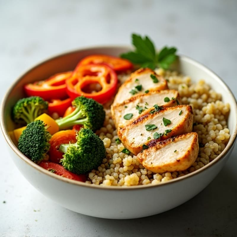 Quinoa Bowl with Roasted Vegetables and Lemon-Herb Chicken