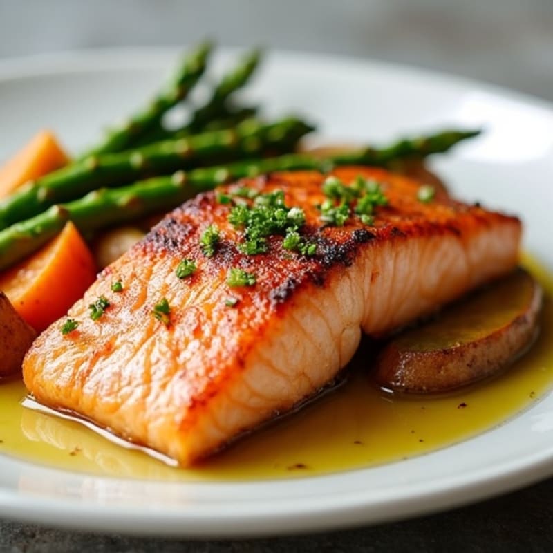 Seared Salmon with Roasted Sweet Potato and Asparagus