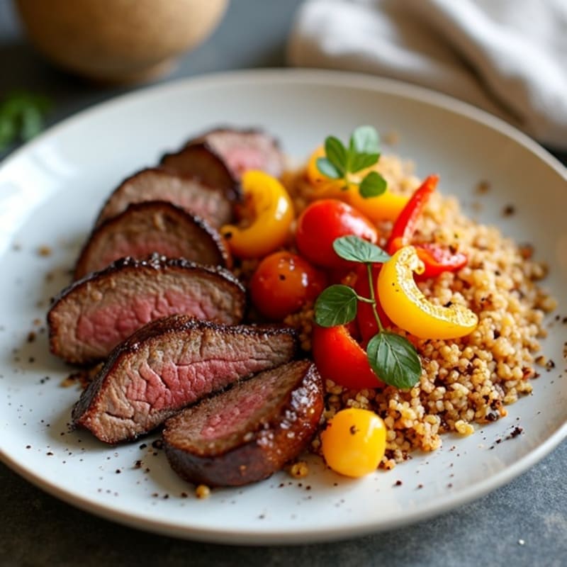 Seared Lean Steak with Roasted Peppers and Spiced Quinoa