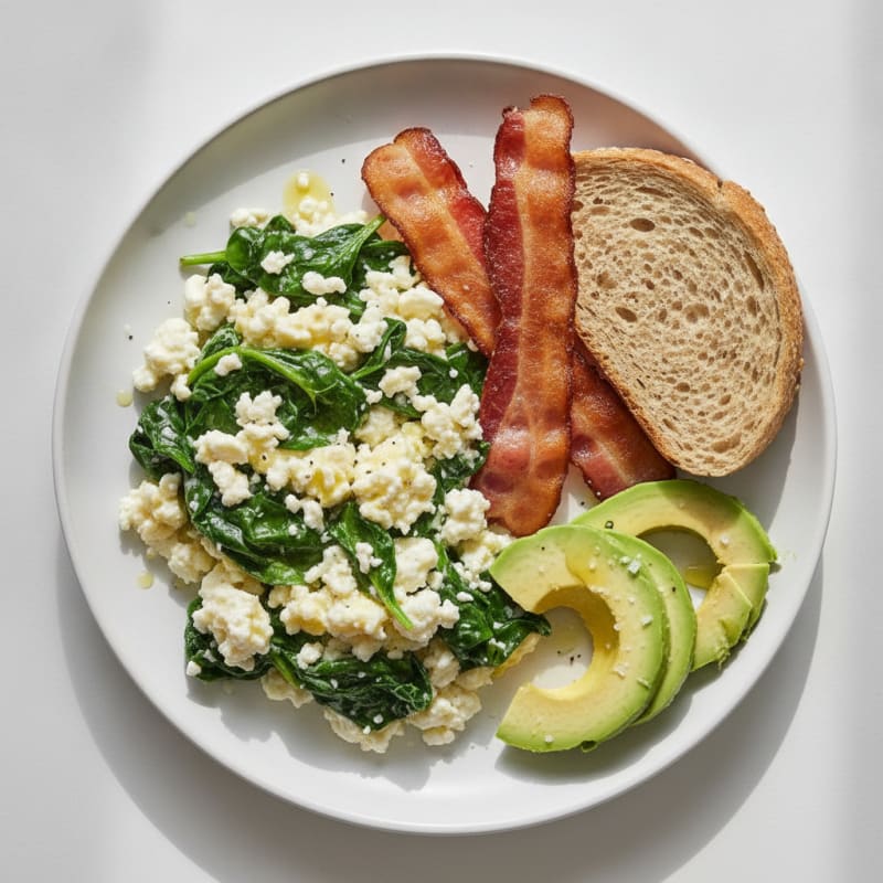 Egg White and Cottage Cheese Scramble with Spinach and Turkey Bacon