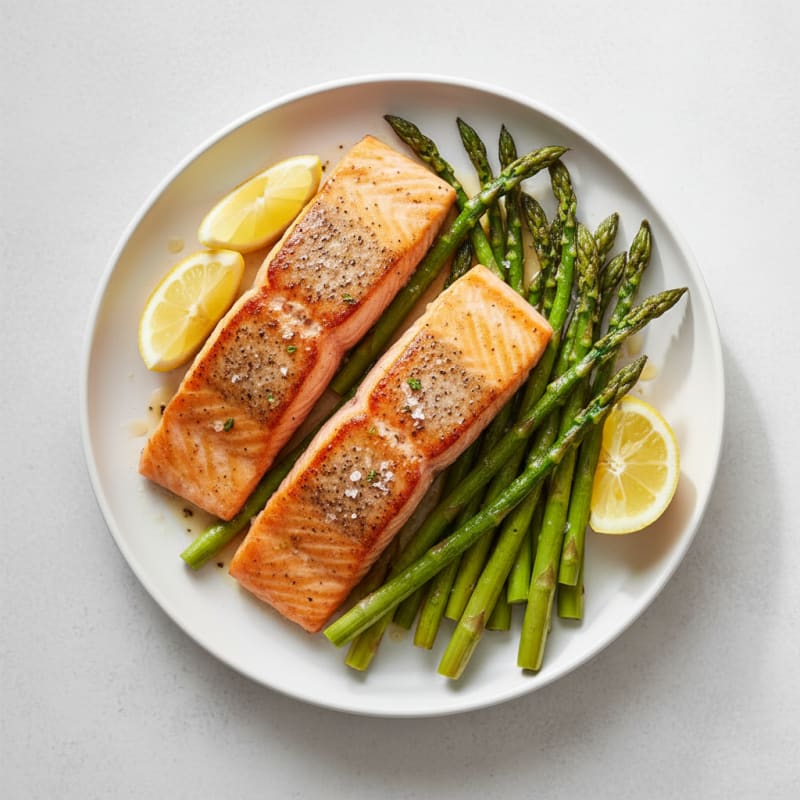 Seared Salmon with Roasted Asparagus and Lemon