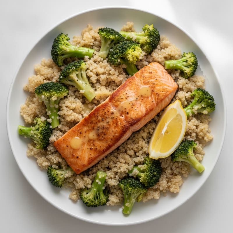 Seared Salmon with Steamed Broccoli and Quinoa