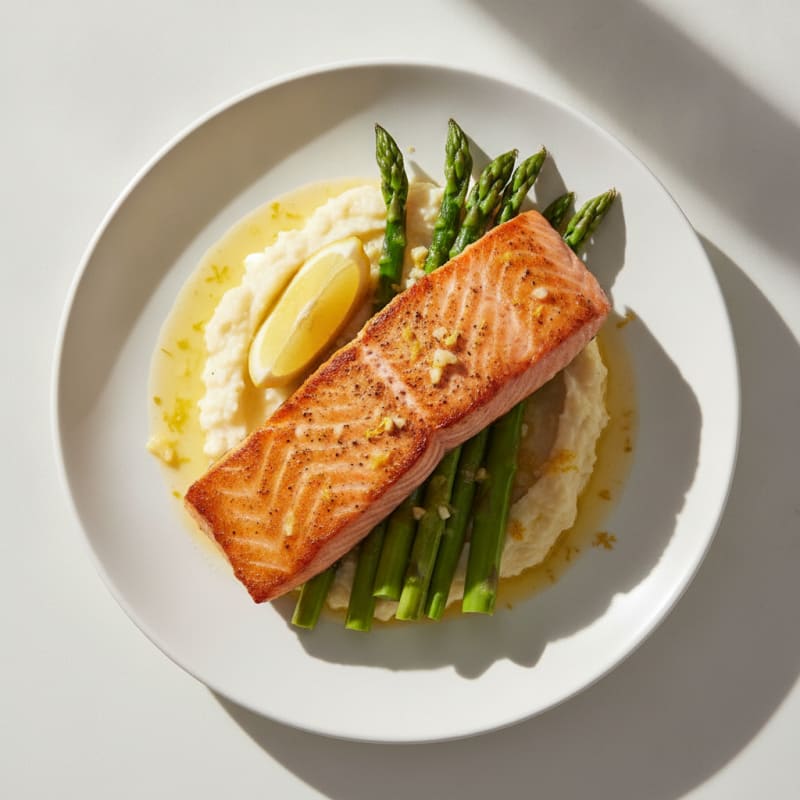Seared Salmon with Steamed Asparagus and Cauliflower Mash