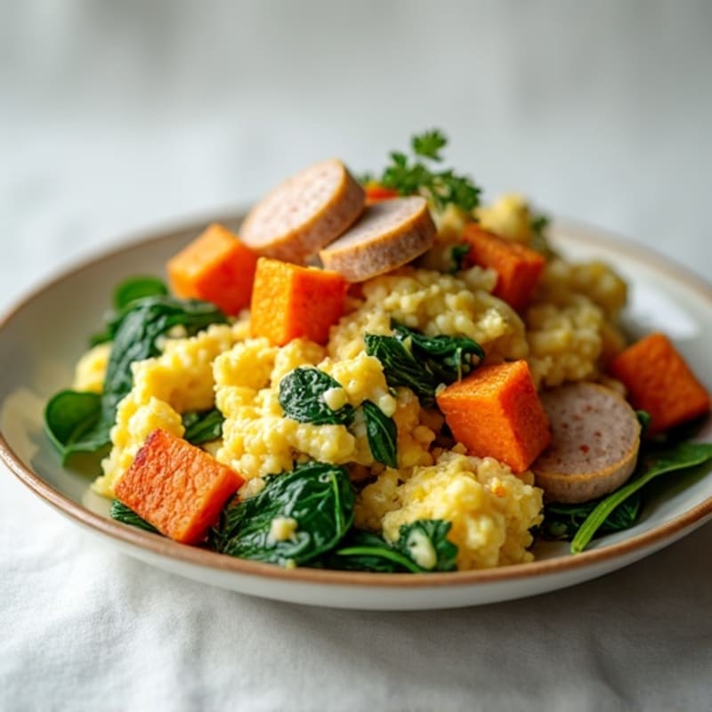 Egg White and Turkey Sausage Scramble with Spinach and Sweet Potato