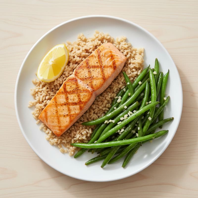 Seared Salmon with Garlic Green Beans and Brown Rice