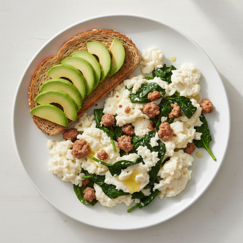 Egg White Scramble with Turkey Sausage and Sautéed Spinach