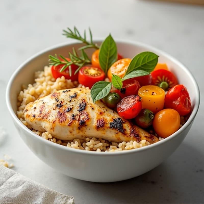 Herb-Garlic Grilled Chicken with Roasted Vegetable Rice Bowl