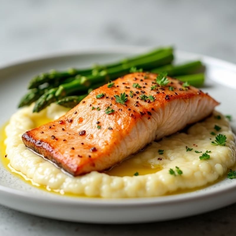 Seared Salmon with Steamed Asparagus and Cauliflower Mash