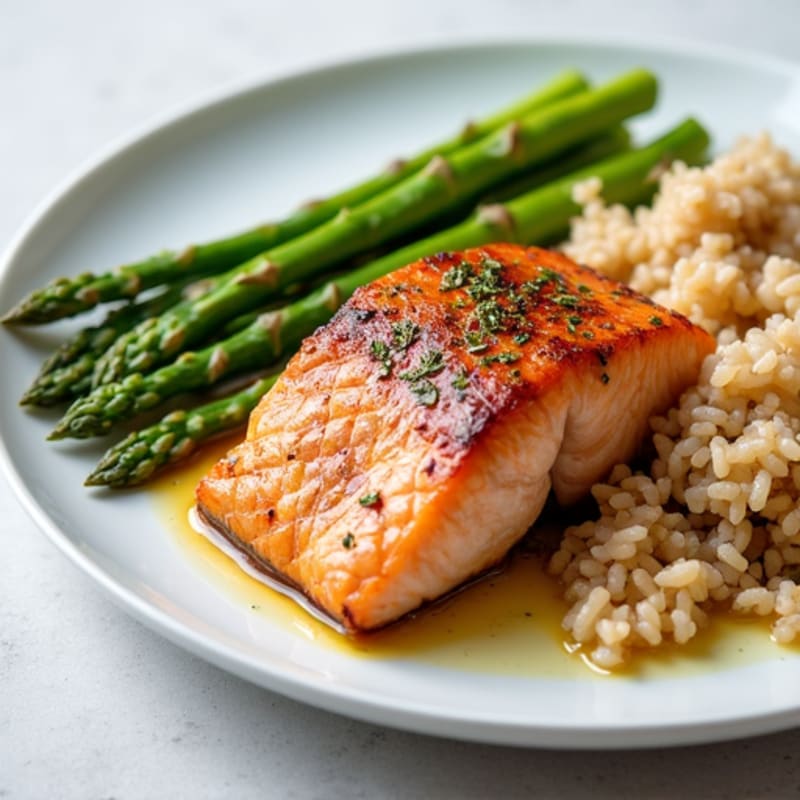 Seared Salmon with Steamed Asparagus and Brown Rice