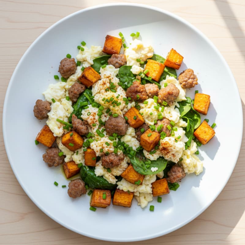 Scrambled Egg Whites with Turkey Sausage and Roasted Sweet Potatoes