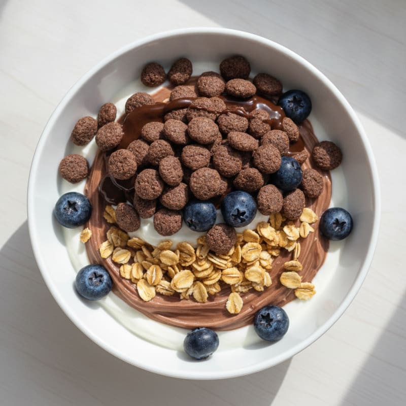 High-Protein Yogurt Parfait with Chocolate Protein Crispies