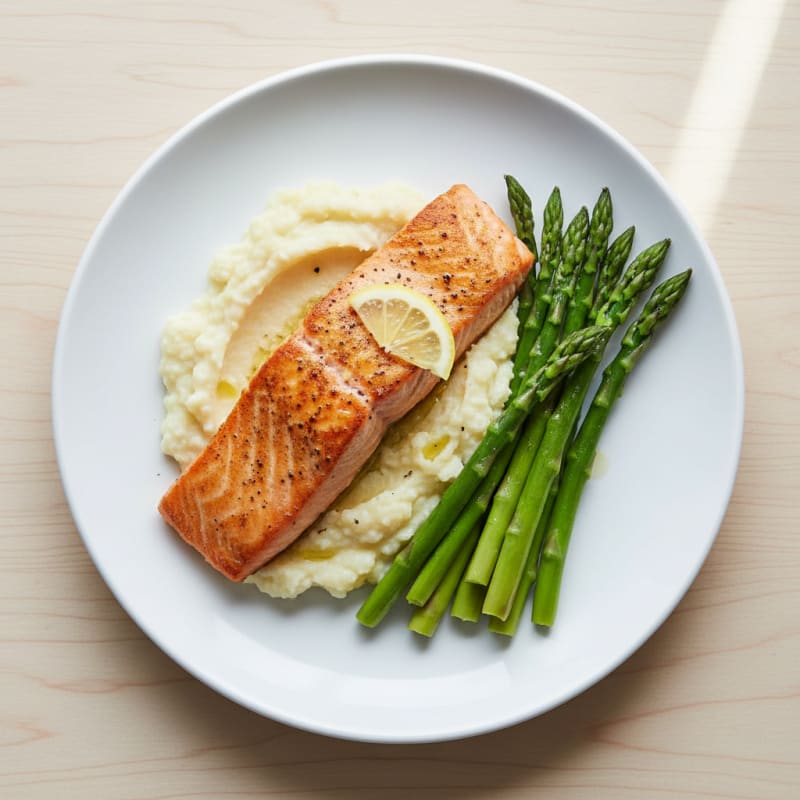 Seared Salmon with Steamed Asparagus and Garlic Cauliflower Mash