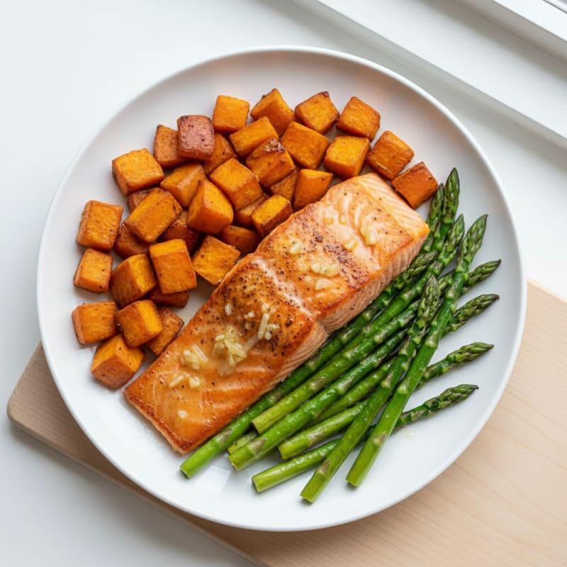 Seared Salmon Fillet with Roasted Sweet Potatoes and Asparagus