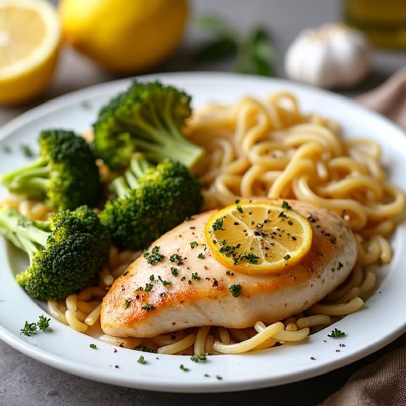 Lemon Garlic Chicken with Whole Wheat Pasta and Roasted Broccoli