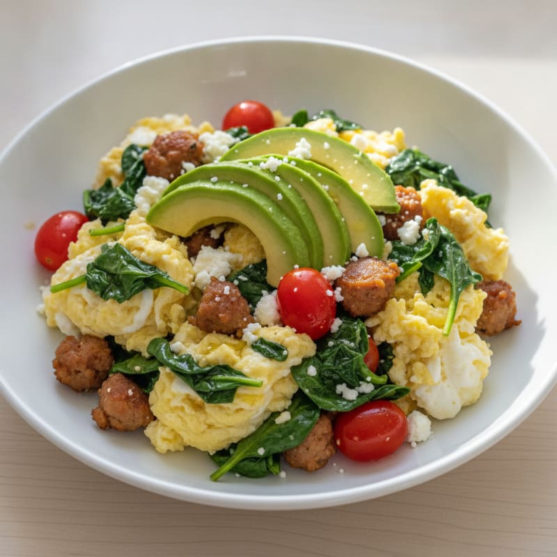 Egg White Scramble with Turkey Sausage and Spinach