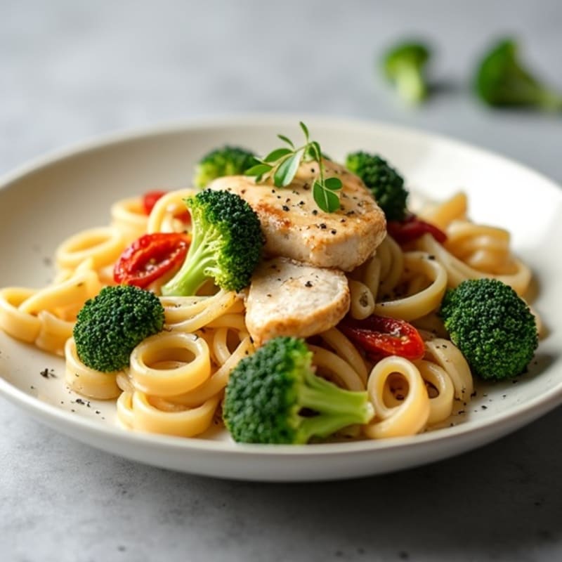 Creamy Chicken Pasta with Roasted Broccoli and Sun-Dried Tomatoes