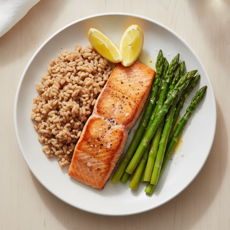 Seared Salmon Fillet with Steamed Asparagus and Brown Rice