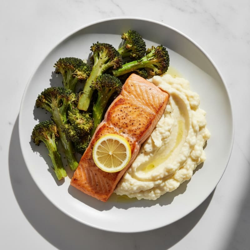Seared Salmon Fillet with Roasted Broccoli and Garlic Mashed Cauliflower