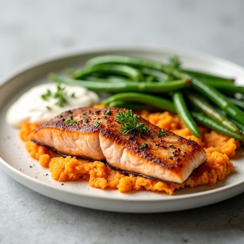 Seared Salmon Fillet with Garlic Green Beans and Sweet Potato Mash