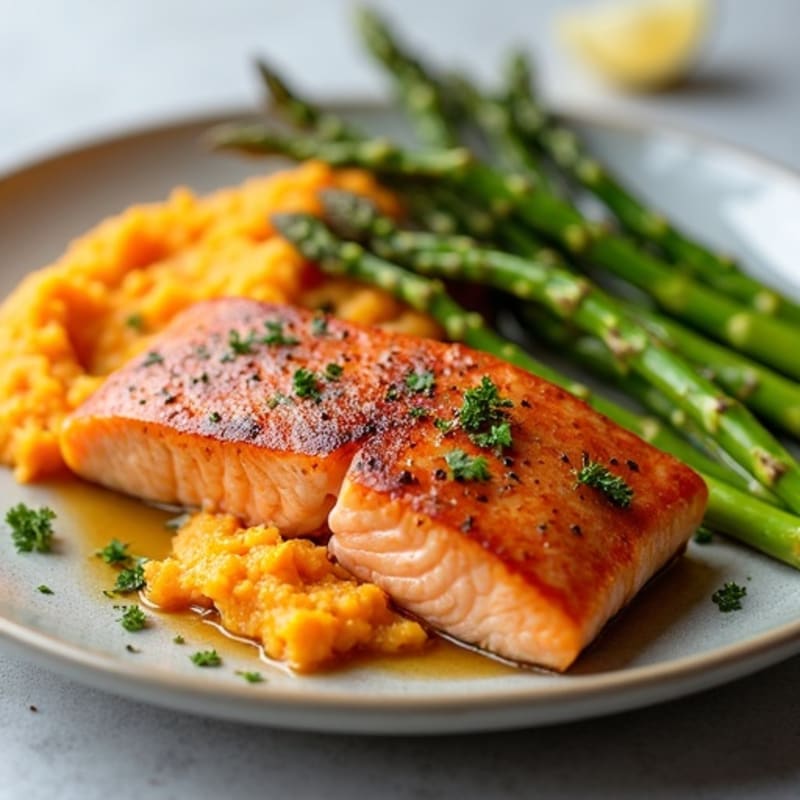 Seared Salmon Fillet with Roasted Asparagus and Sweet Potato Mash