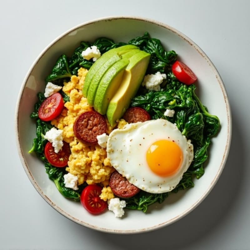 Egg White and Turkey Sausage Scramble with Sautéed Spinach