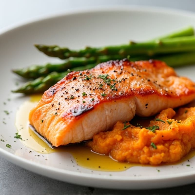 Seared Salmon Fillet with Asparagus and Sweet Potato Mash