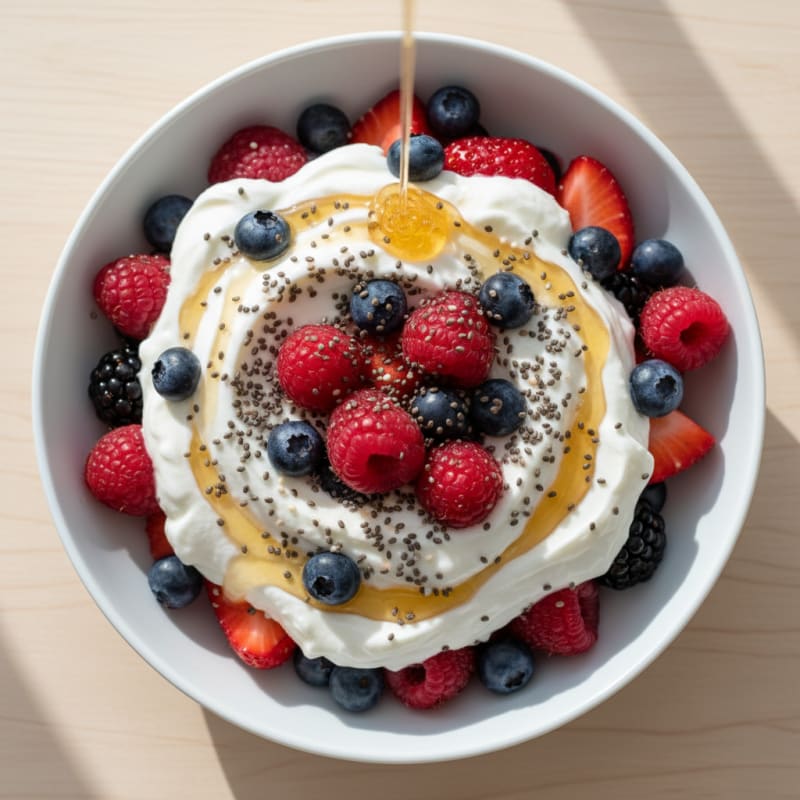 Greek Yogurt Protein Parfait with Mixed Berries and Chia Seeds
