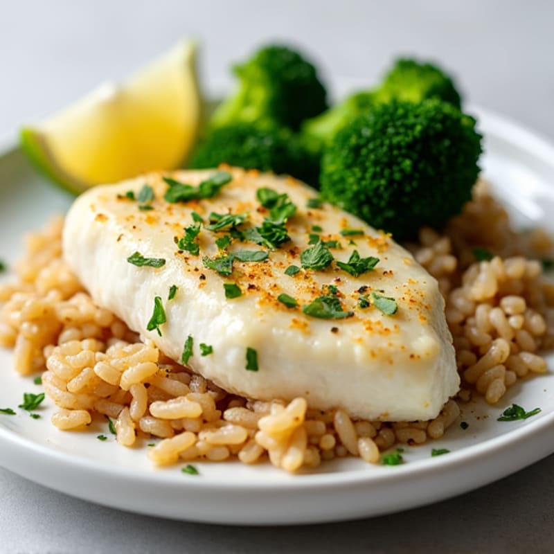 Lemon Herb Baked Cod with Steamed Broccoli and Brown Rice