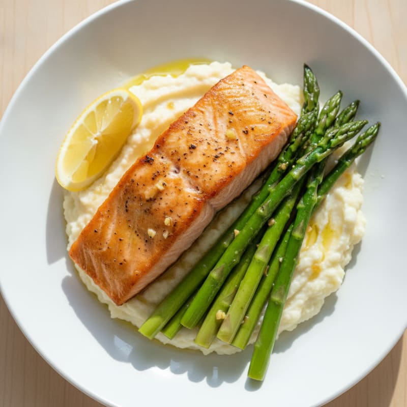 Seared Salmon with Steamed Asparagus and Cauliflower Mash