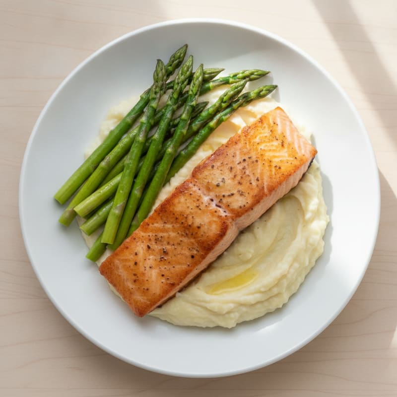 Seared Salmon with Steamed Asparagus and Garlic Cauliflower Mash