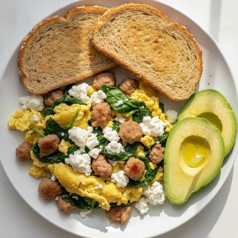 Cottage Cheese Egg Scramble with Turkey Sausage and Sautéed Spinach