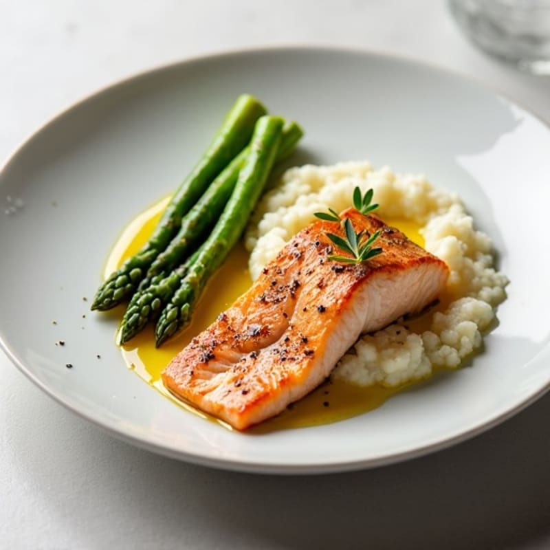 Seared Salmon with Steamed Asparagus and Cauliflower Mash