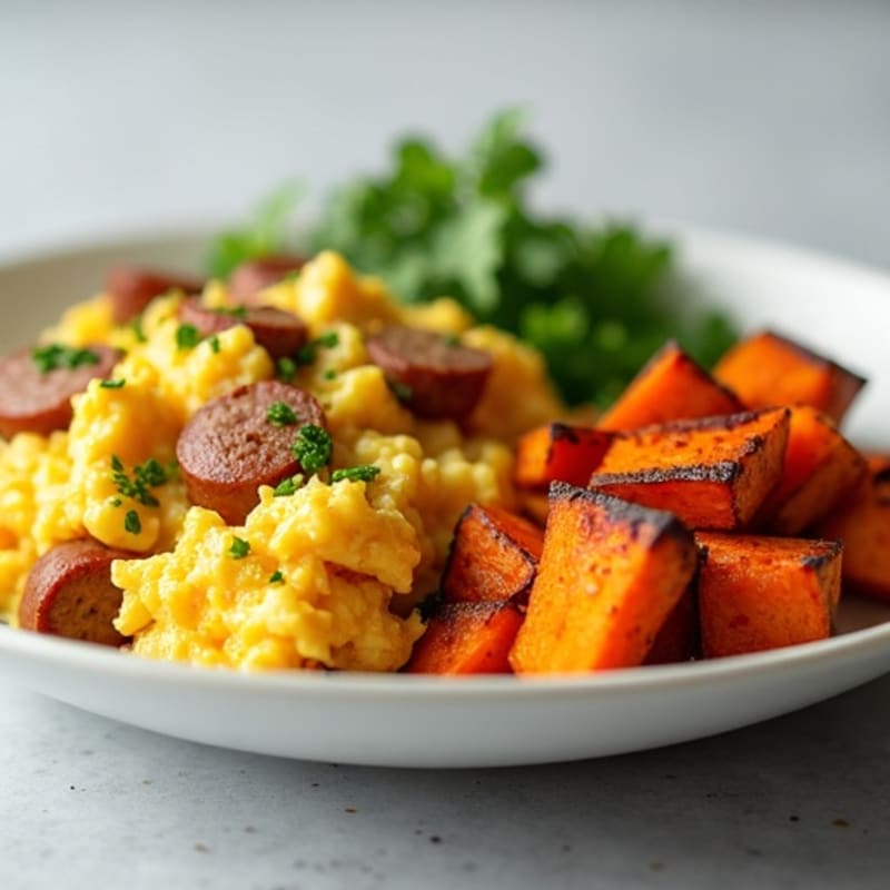 Egg White and Turkey Sausage Scramble with Roasted Sweet Potatoes