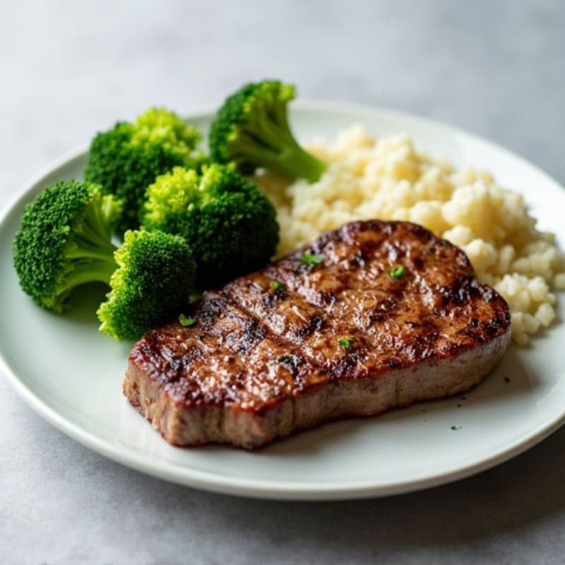 Seared Lean Beef with Steamed Broccoli and Cauliflower Rice