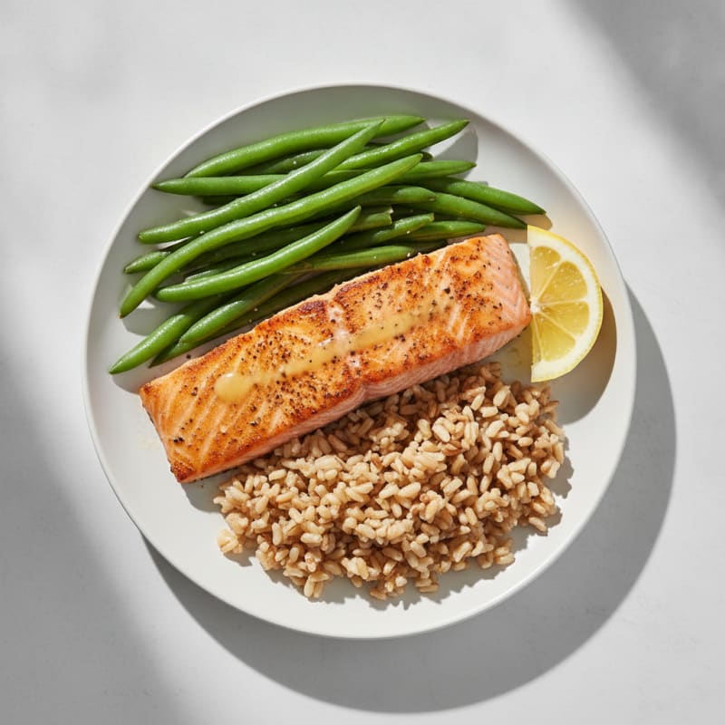 Seared Salmon Fillet with Steamed Green Beans and Brown Rice
