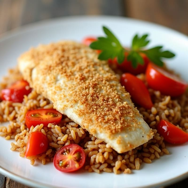 Crispy Pan-Seared White Fish with Flavorful Spiced Tomato Rice