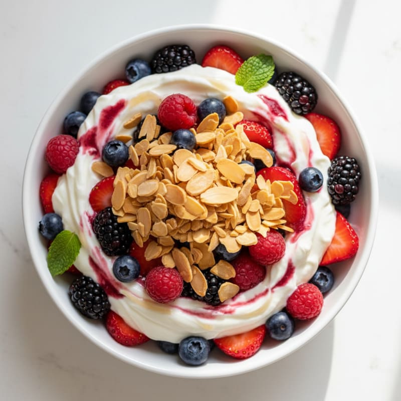 Greek Yogurt Protein Parfait with Mixed Berries and Almonds