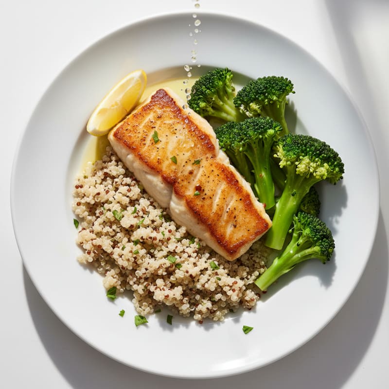 Seared Cod Fillet with Steamed Broccoli and Quinoa