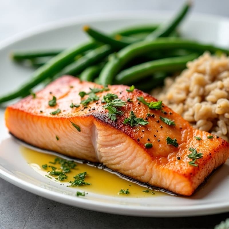Seared Salmon with Garlic Green Beans and Brown Rice