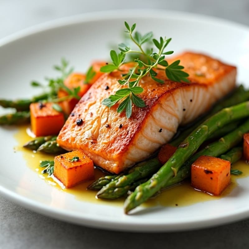 Seared Salmon Fillet with Roasted Sweet Potatoes and Asparagus