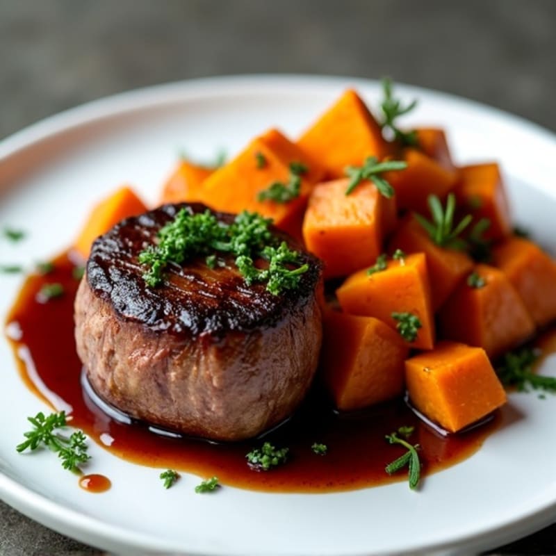 Slow-Cooked Molten Beef with Balsamic Glaze and Roasted Sweet Potatoes