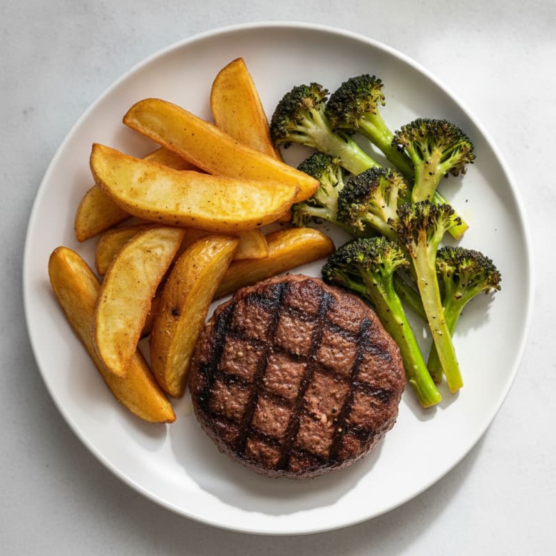 Grilled Burger Patty with Baked Fries and Roasted Vegetables
